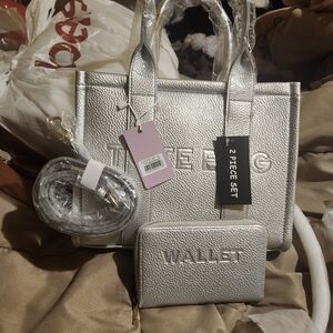 Silver Metallic Tote and Wallet Set - 2 Piece Women's Bag Set